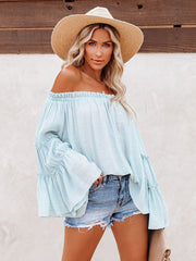 Urban Solid Color Pleated Puff Sleeves Off-The-Shoulder Blouse