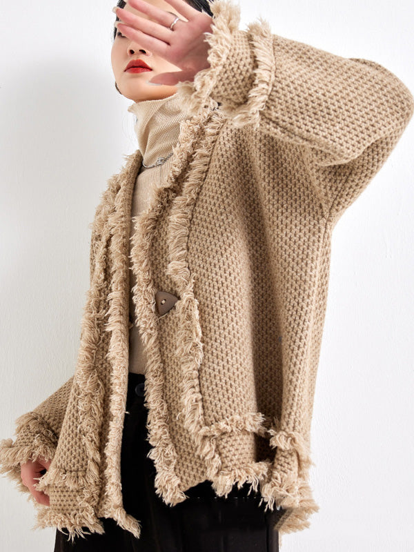 Buttoned Fringed Solid Color Long Sleeves Loose V-Neck Cardigan Tops