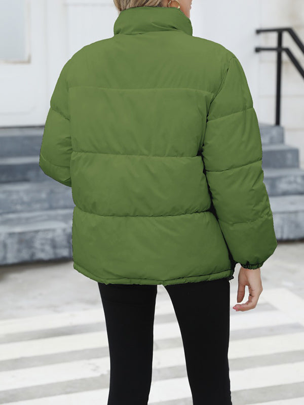 Keep Warm Quilted Solid Color Zipper Long Sleeves Loose High Neck Padded Coat