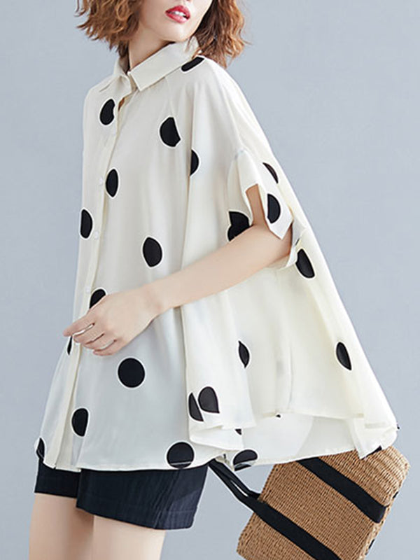 Polka-Dot Batwing Sleeves Loose Lapel Blouses&shirts Tops