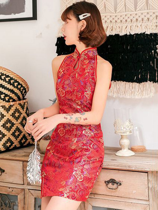 Original Floral Printed Stand Collar Sleeveless Short Cheongsams