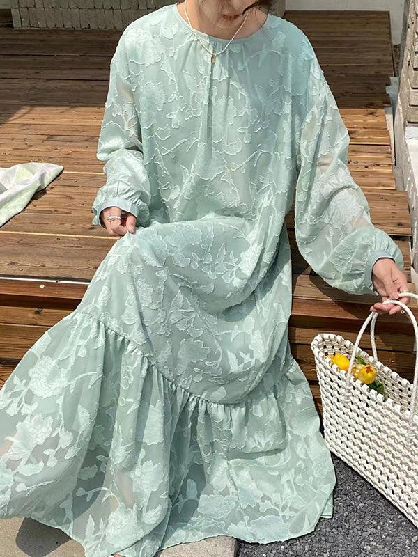 Flower Print Pleated Solid Color Split-Joint Tied Waist Long Sleeves Loose Round-Neck Maxi Dresses