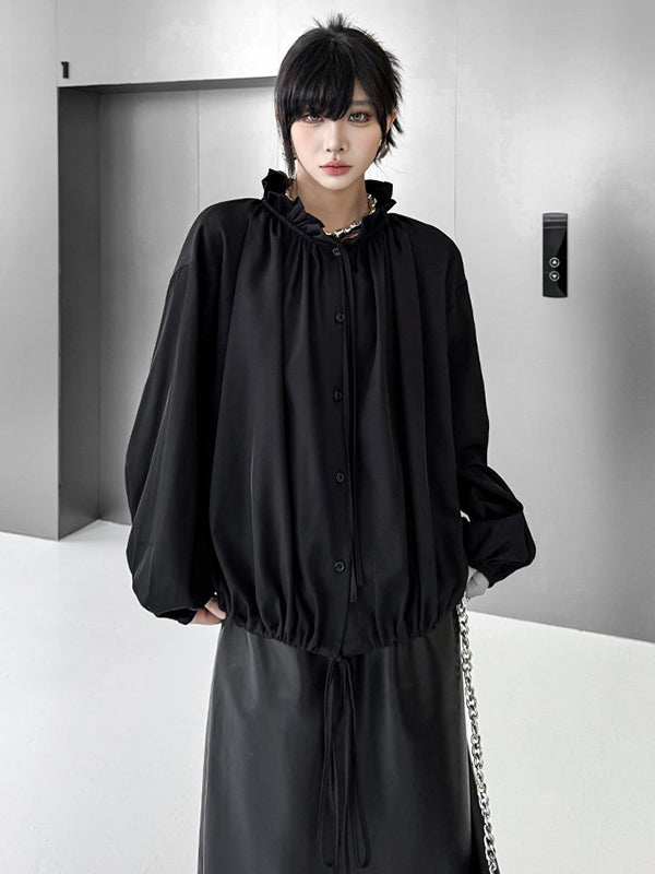Drawstring Pleated Pullover Design Solid Color Long Sleeves Loose Lace Collar Blouses&Shirts Tops