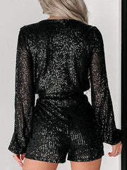 Elasticity Shiny Tied Waist High Waisted Long Sleeves Deep V-Neck Rompers