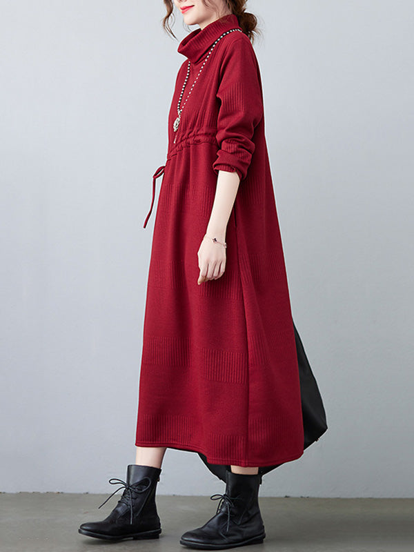 Casual Loose Solid Color Drawstring High-Neck Long Sleeves Sweater Dress