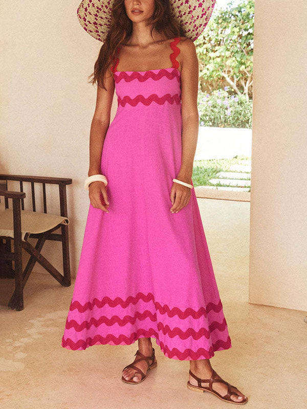 A-line High Waisted Contrast Color Zipper Square-neck Maxi Dresses Midi Dresses