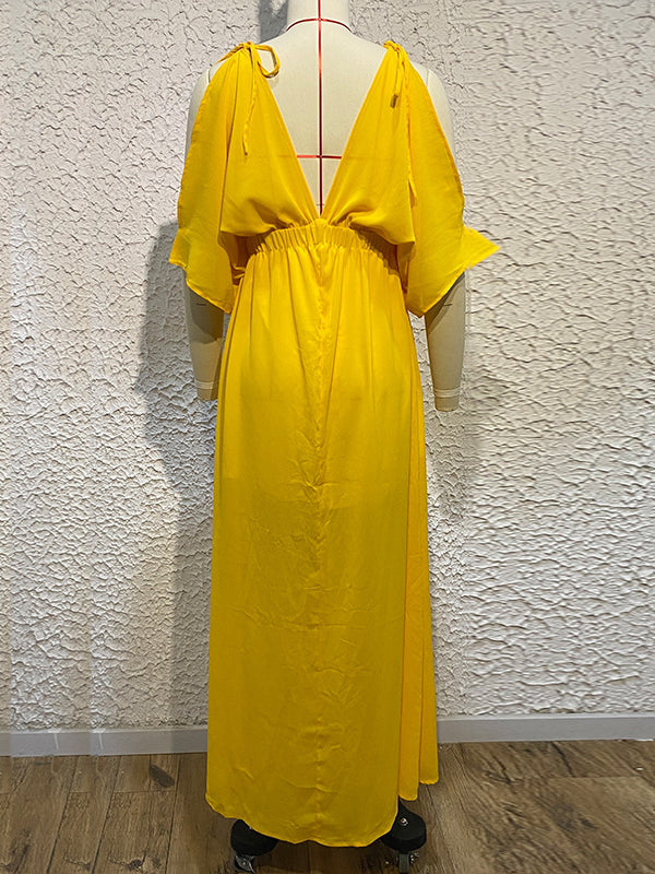 Solid Color Split-front Batwing Sleeves Loose Deep V-Neck Maxi Dresses