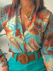 Flower Print Long Sleeves Buttoned  Deep V-Neck Shirts Top +Belted Shorts Bottom Two Pieces Set
