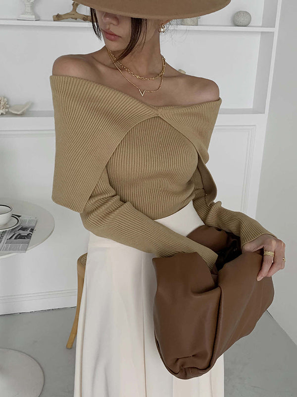 Solid Color Long Sleeves Skinny Lapel Sweater Tops Pullovers Knitted Hats