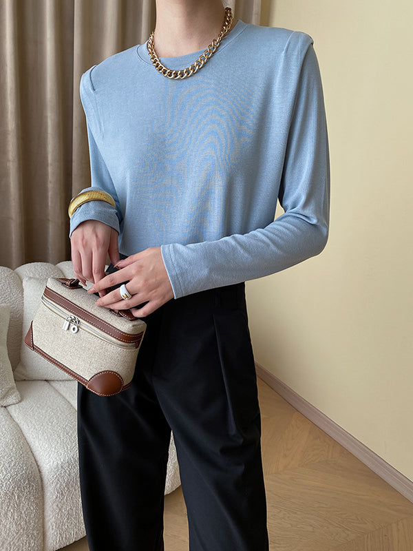 Solid Color Split-Joint Long Sleeves Round-Neck T-Shirts Tops