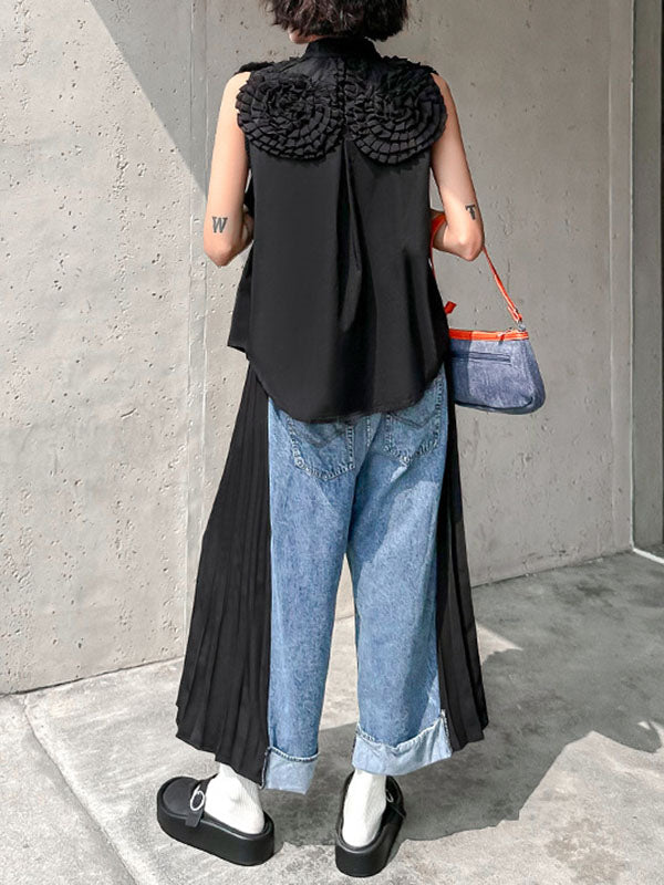 Contrast Color Pleated Split-Joint Loose Ninth Pants Wide Leg Jean Pants Bottoms