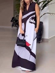 Figure Printed Loose Sleeveless V-neck Maxi Dresses