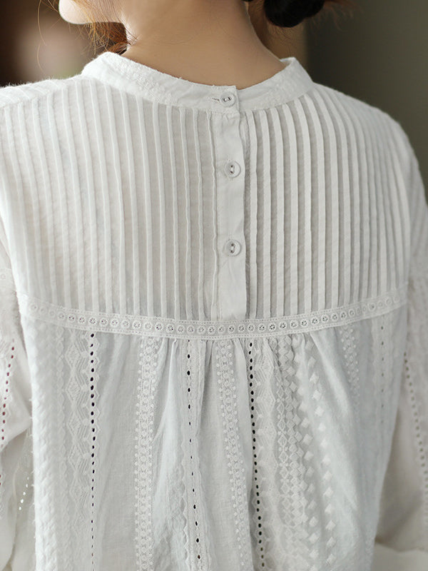 Artistic Retro Loose Solid Color Lace Hollow Long Sleeves T-Shirt Top