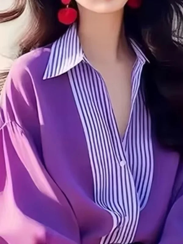 Buttoned Contrast Color Split-Joint Striped Long Sleeves Loose Lapel Blouses&Shirts Tops