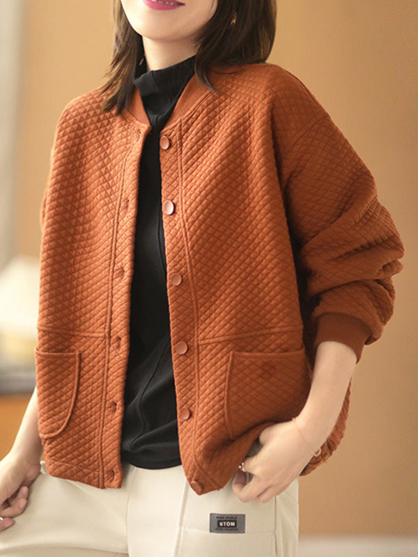 Artistic Retro Loose Long Sleeves Buttoned Solid Color Stand Collar Outerwear
