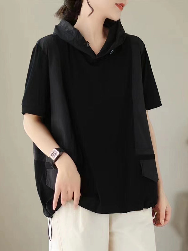 Solid Color Loose Short Sleeves Hooded T-Shirts Tops