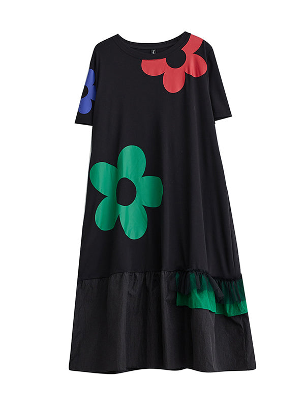 Floral Printed Split-Joint Loose Short Sleeves Round-neck Midi Dresses