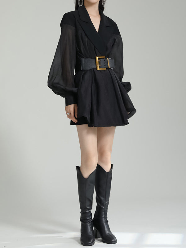 See-Through Split-Joint Tied Waist Loose Puff Sleeves Lapel Blouses&Shirts Tops