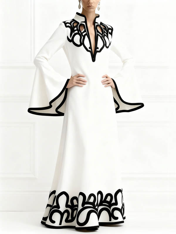 A-Line Flared Sleeves Abstract Printed Contrast Color Hollow Line Split-Joint Stand Collar Maxi Dresses