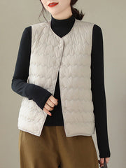 Buttoned Quilted Solid Color Loose Sleeveless Round-Neck Padded Vest