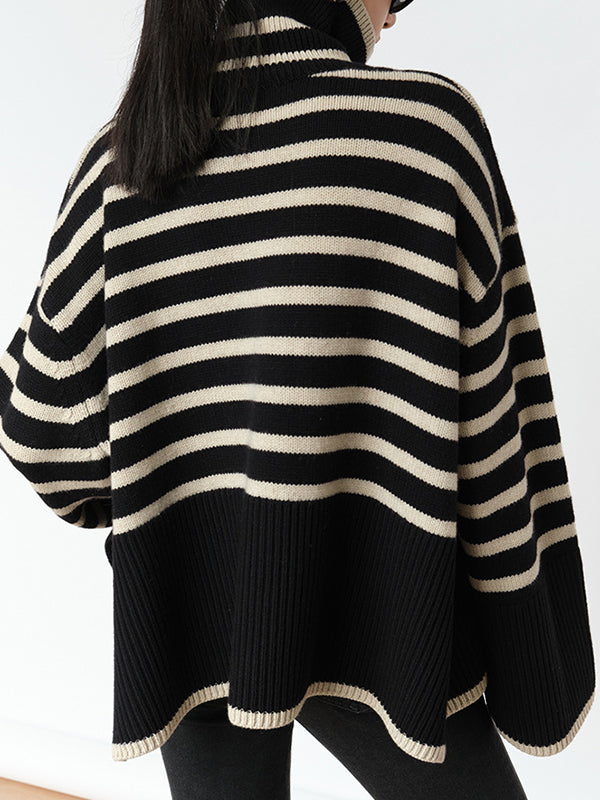 Contrast Color Split-Joint Split-Side Striped Long Sleeves Loose High Neck Sweater Tops