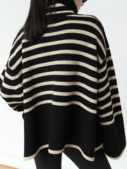 Contrast Color Split-Joint Split-Side Striped Long Sleeves Loose High Neck Sweater Tops