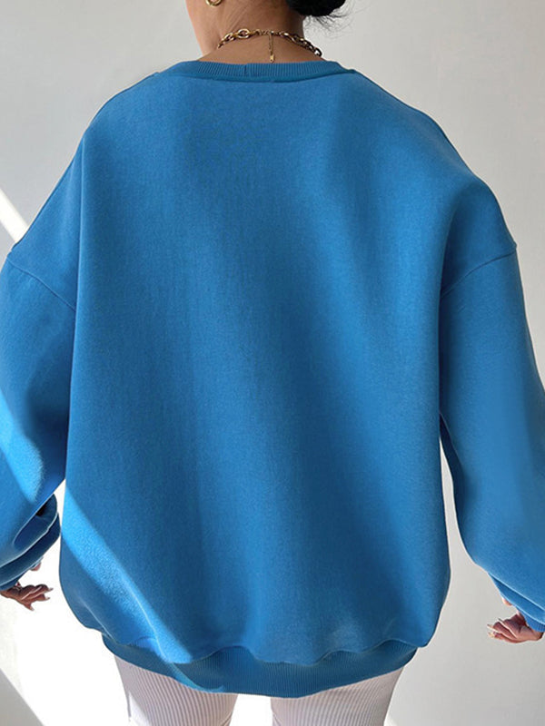 Letter Print Split-Joint Long Sleeves Loose Round-Neck Sweatershirt