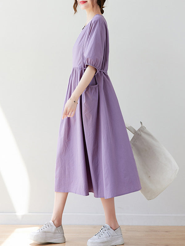Casual Half Sleeves Loose Elasticity Split-Joint Solid Color Midi Dresses