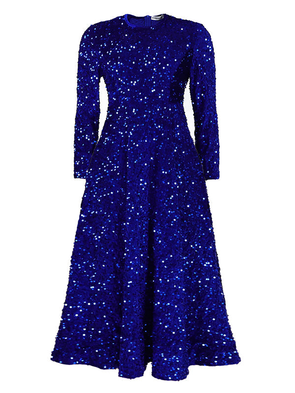 Sequined Split-Joint Zipper A-Line High Waisted Round-Neck Maxi Dresses