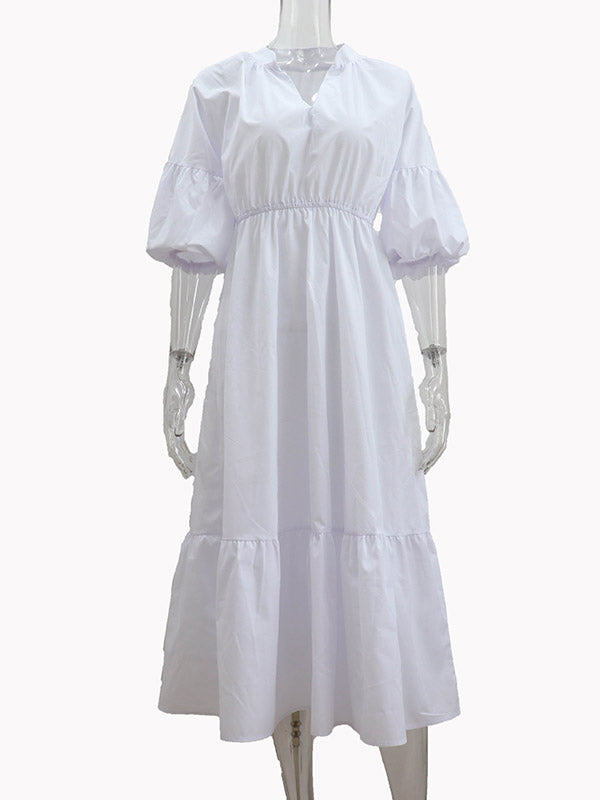 Elasticity Pleated Solid Color A-Line Half Sleeves V-Neck Midi Dresses