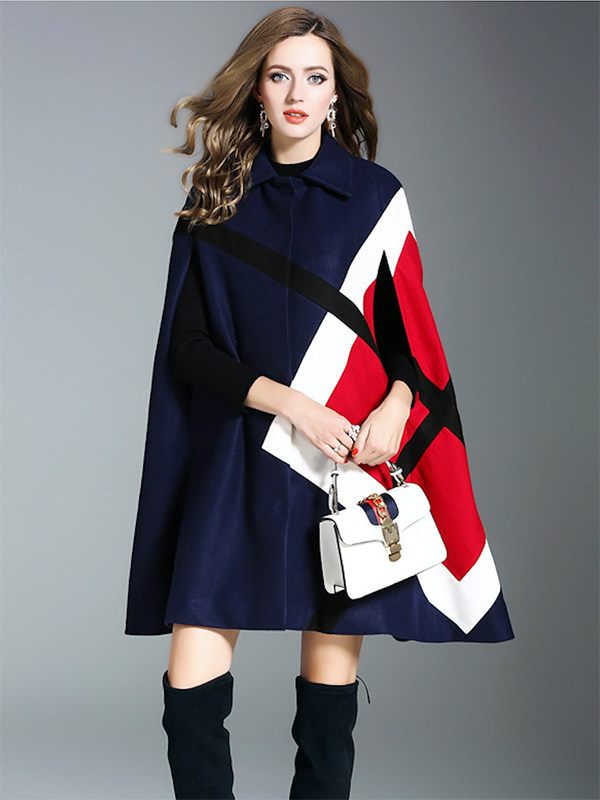 Original Loose Batwing Sleeves Contrast Color Striped Lapel Collar Cape Coats