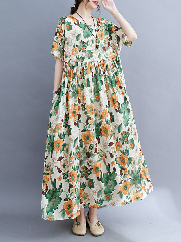 Floral Printed Pleated Split-Joint Loose Short Sleeves Round-Neck Midi Dresses