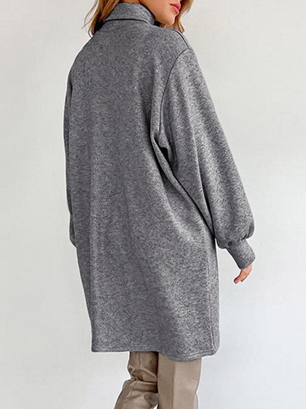 Pleated Solid Color Split-Joint Tied Waist Loose Puff Sleeves High Neck Mini Dresses