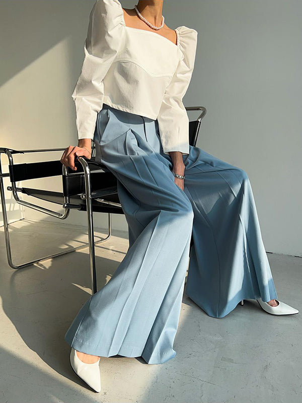 Pleated Solid Color High Waisted Wide Leg Trousers Casual Pants Bottoms