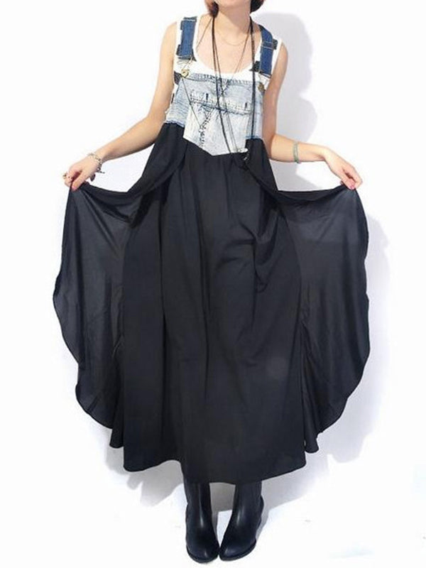 Falbala Split-Joint Irregularity Loose Spaghetti-Neck Maxi Dresses