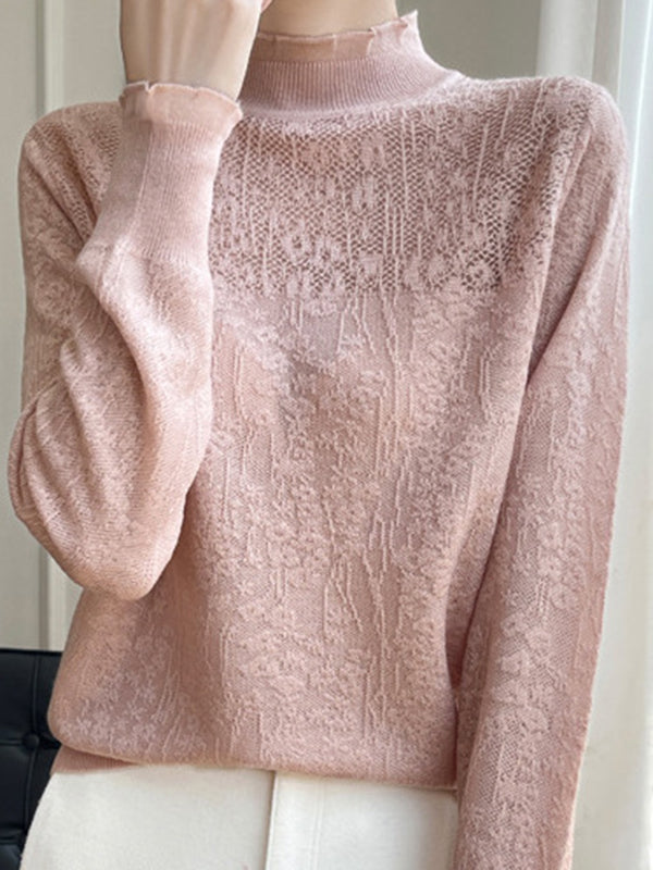 Crochet Solid Color Long Sleeves Loose Mock Neck T-Shirts Tops