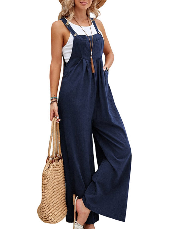 Pleated Split-Joint Loose Plus Size Square-neck Overalls