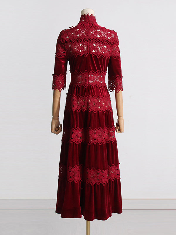 Embroidered Hollow Solid Color Split-Joint Half Sleeves High Waisted High Neck Maxi Dresses