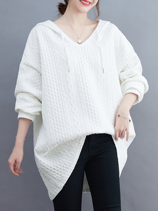 Drawstring Jacquard Solid Color Split-Joint Hooded Long Sleeves Hoodies Tops