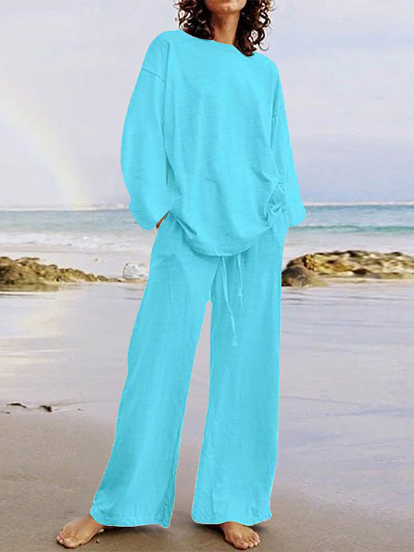 Solid Color Loose Round-neck Long Sleeves Shirts Top + Drawstring Pants Bottom Two Pieces Set