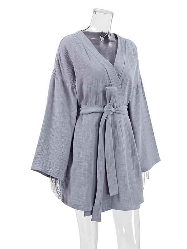 Ribbed Solid Color Long Sleeves Loose V-Neck Robes Pajamas