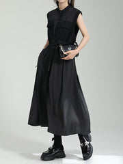 Contrast Color Drawstring Split-Joint Tied Waist Loose Sleeveless Round-Neck Midi Dresses
