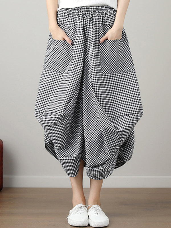 Elasticity Plaid Pleated Pockets High Waisted Irregularity Skirts