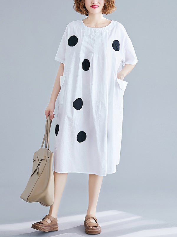 Original Short Sleeves Loose Contrast Color Polka-Dot Round-Neck Midi Dresses