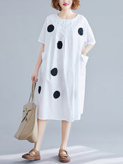 Original Short Sleeves Loose Contrast Color Polka-Dot Round-Neck Midi Dresses