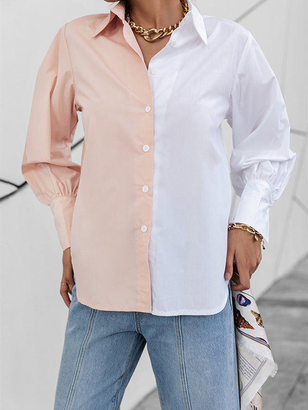 Buttoned Contrast Color Long Sleeves Loose Lapel Blouses&Shirts Tops