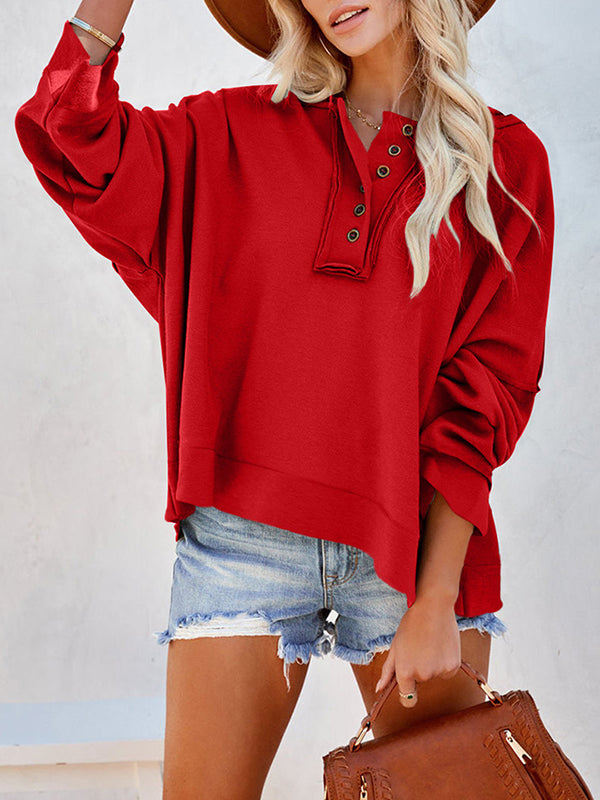 Buttoned Split-Joint Velvet Hooded Long Sleeves Sweatshirt Tops