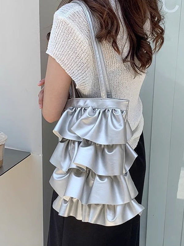 Layered Pleated Pockets Solid Color Zipper Handbags