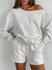 Round-Neck Long Sleeves Loose Elasticity Solid Color Shirts Top + Shorts Bottom Two Pieces Set