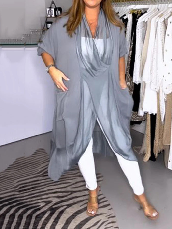 Mesh Pockets Solid Color Split-Joint Long Sleeves Loose V-Neck Outerwear